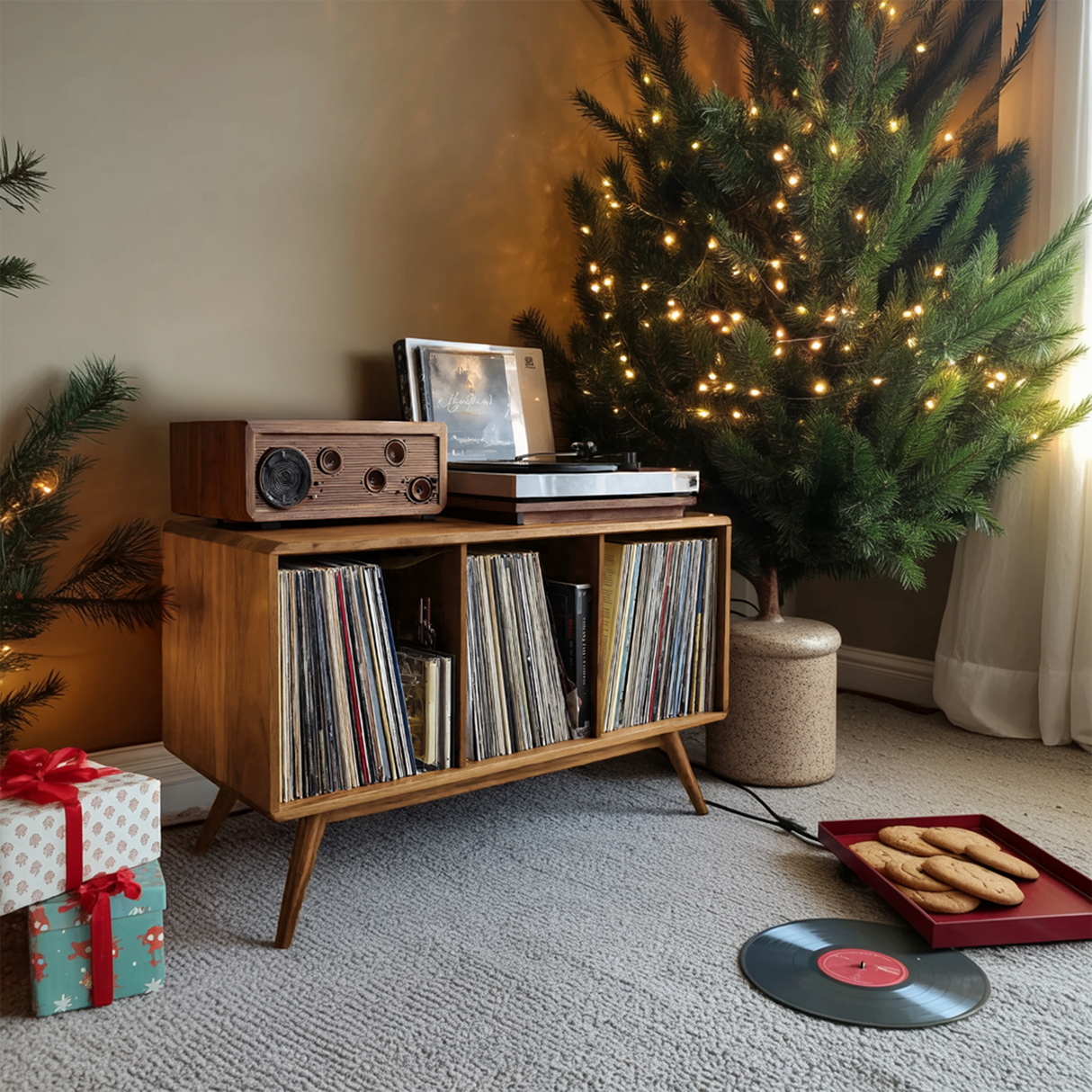 Mid Century Solid Wood Record Stand For Furniture Christmas