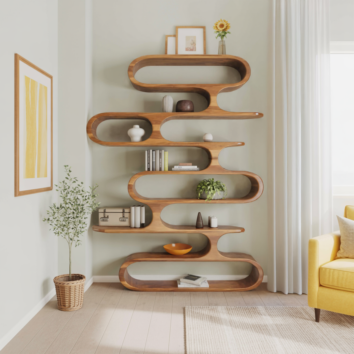 Mid Century Modern Wall Shelf With Flowing Shape For Living Room And Office