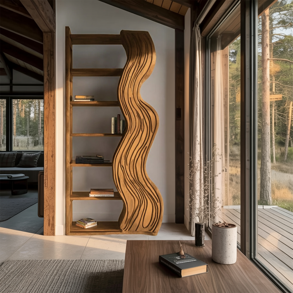 Modern Bookshelf With Wave Carved Side Panel For Office