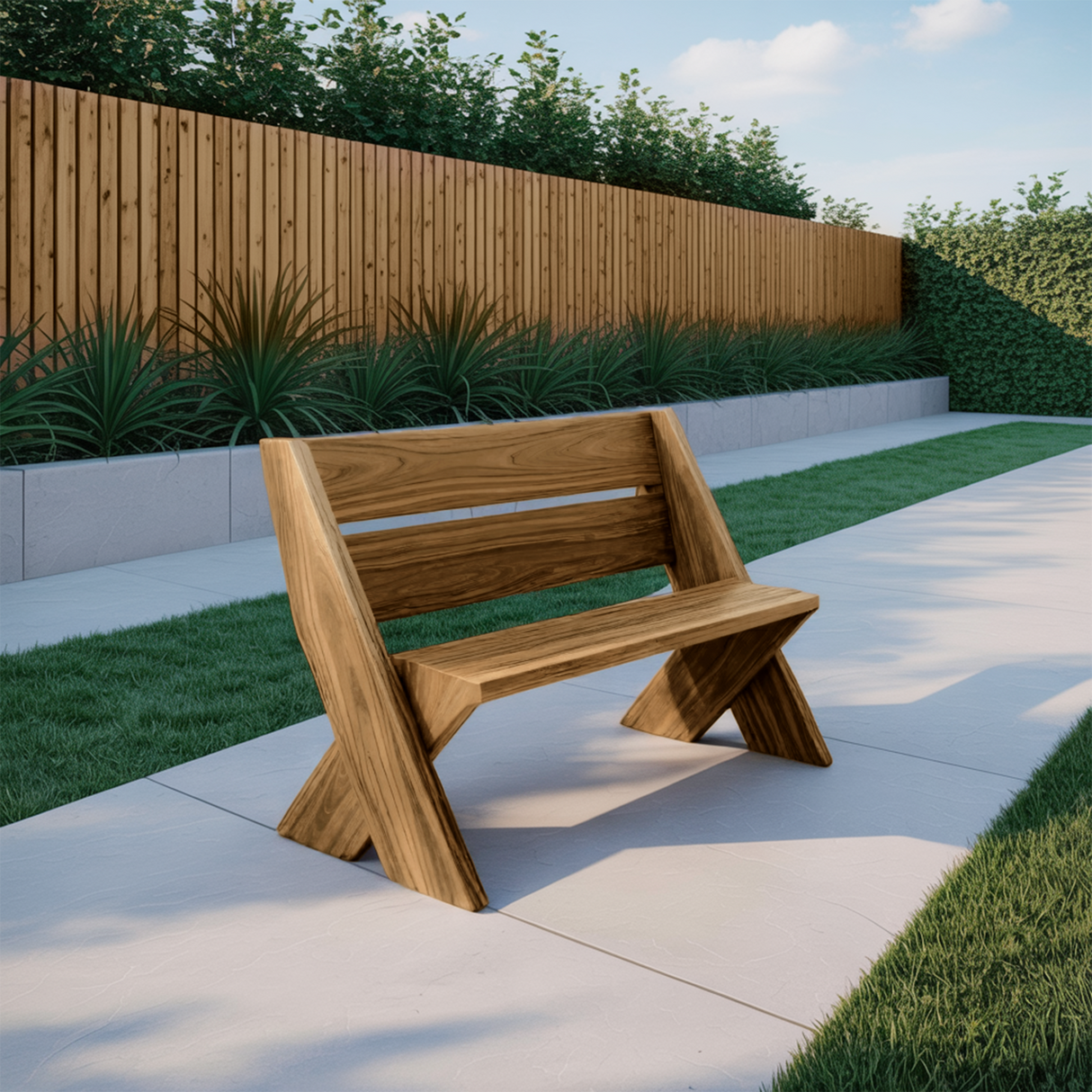 Modern Outdoor Bench With Angled Legs For Garden Patio And Backyard