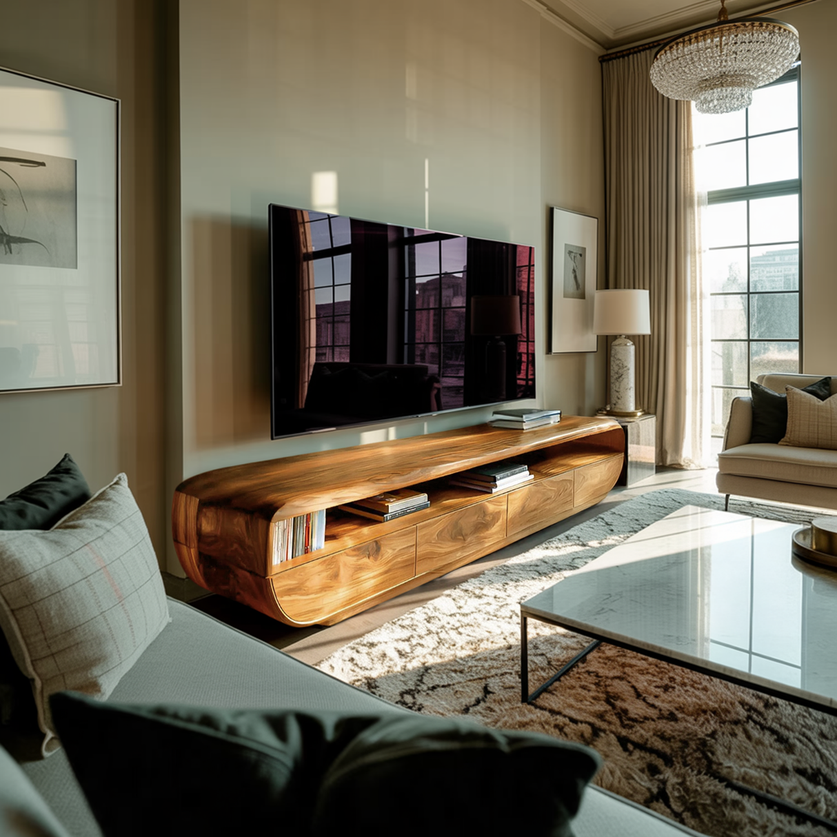 Handcrafted TV Cabinet Design Spacious Drawers For Living