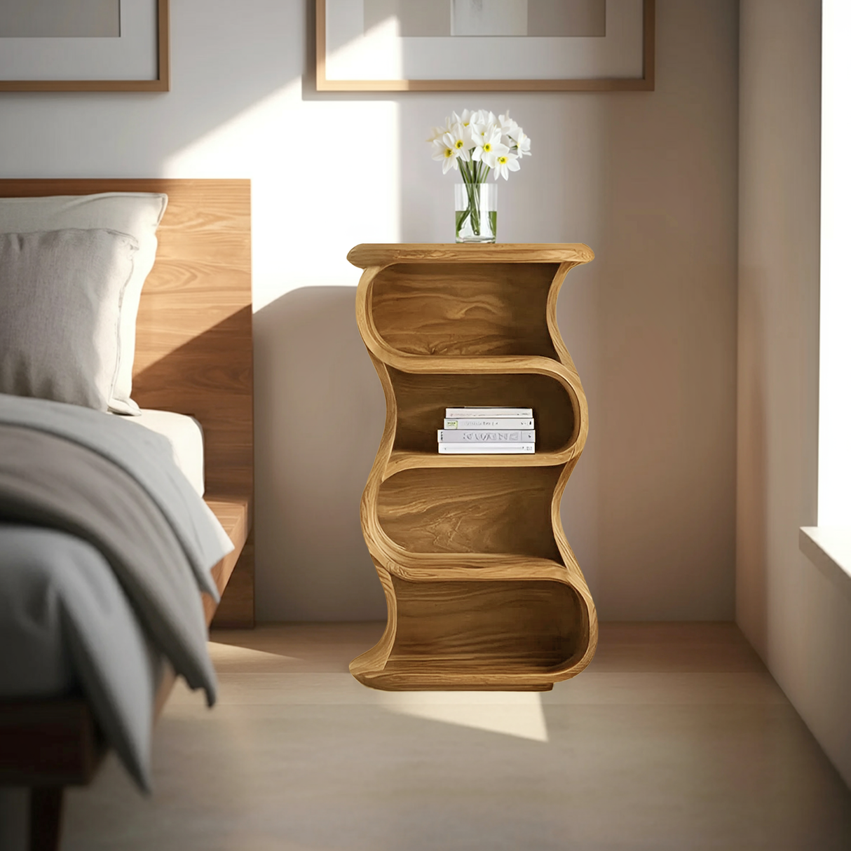 Minimalist Sculptural Nightstand With Open Shelf For Bedroom