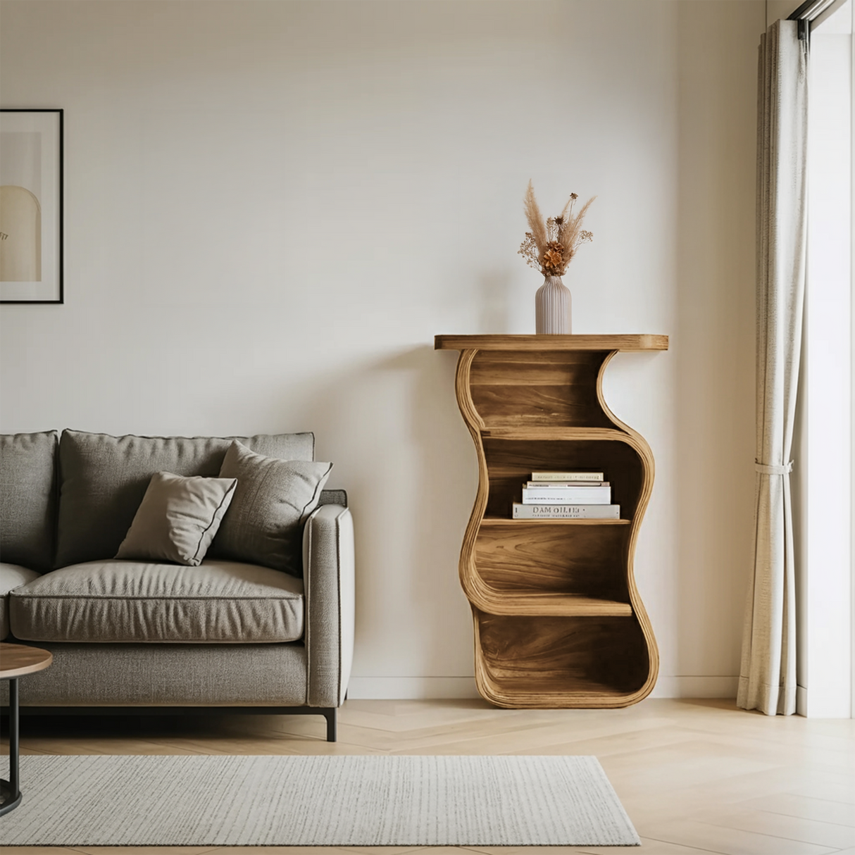 Contemporary Nightstand Sculptural With Open Shelf For Bedroom