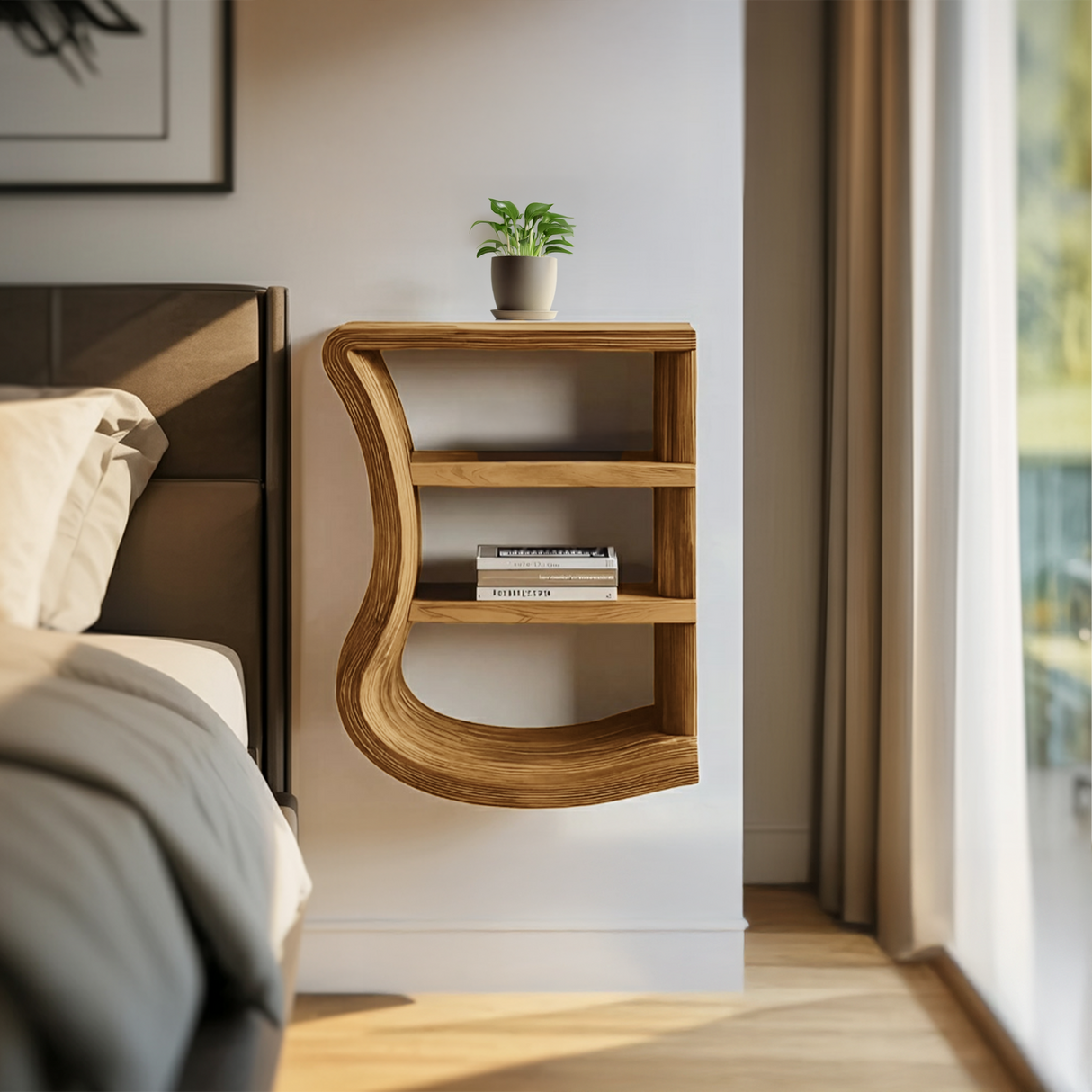 Minimal Curved Nightstand Open Shelf Design For Bedroom