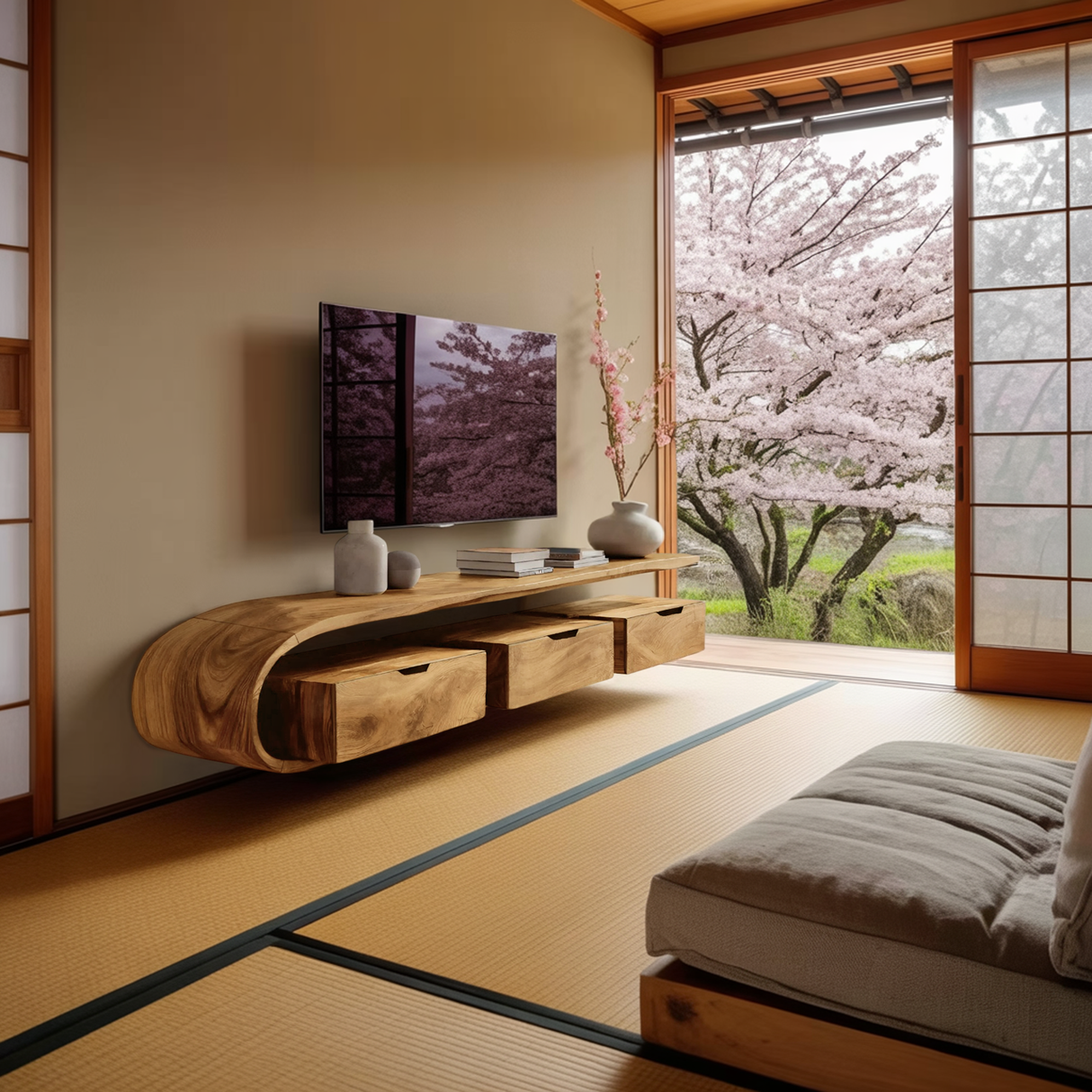 Contemporary Sculptural Wall Mounted Media Console For Living Room