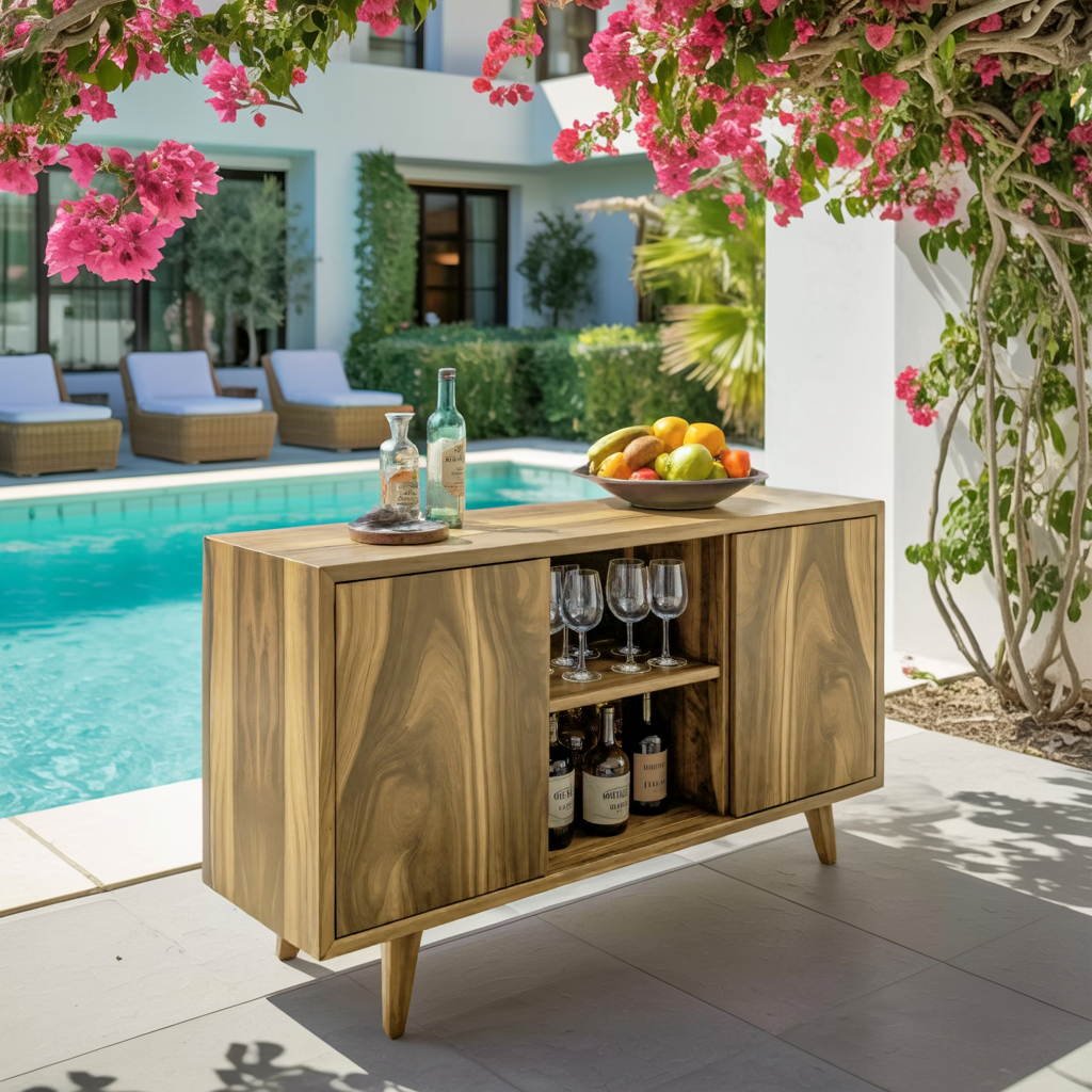 Mid Century Outdoor Bar Cabinet With Wine Storage For Patio