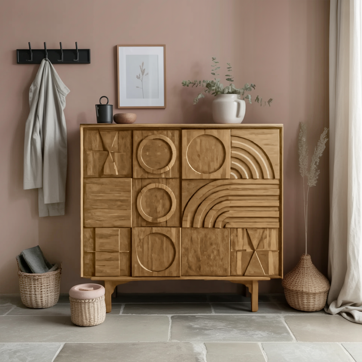 Geometric Carved Cabinet With Sculpted Doors For Entryway And Living Room