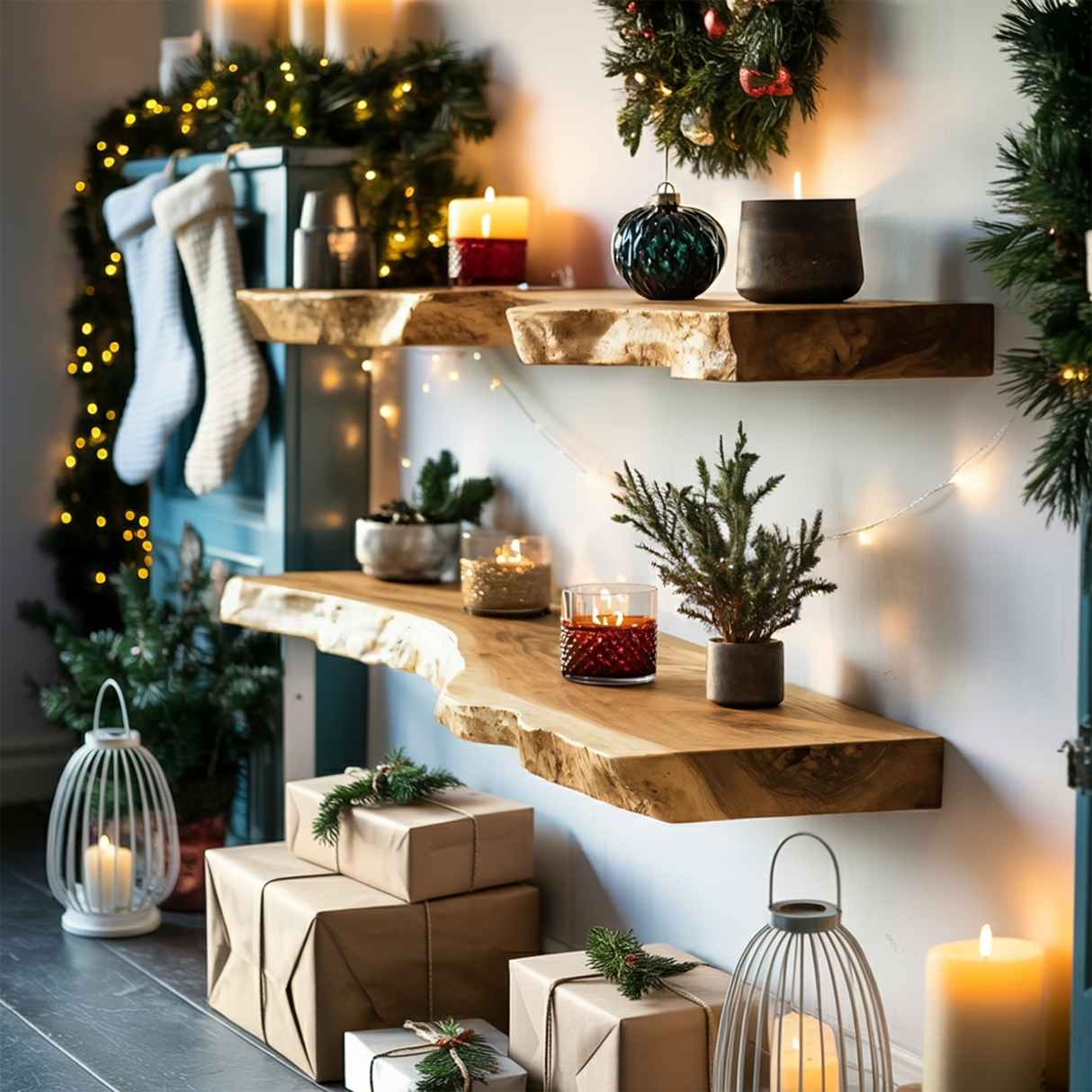 Mid Century Wooden Floating Shelf For Cozy Christmas Bedroom Setup