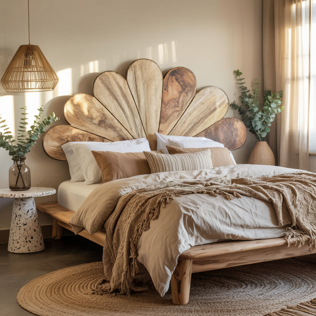 Boho Flower Petal Headboard Bed For Queen And King Bedroom