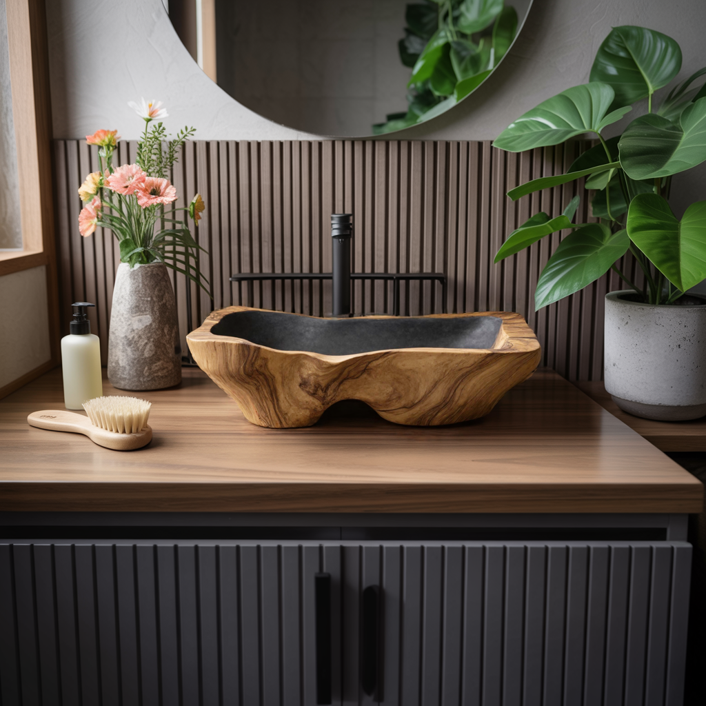 Mid Century Rustic Wooden Vessel Sink For Bathroom Ideas