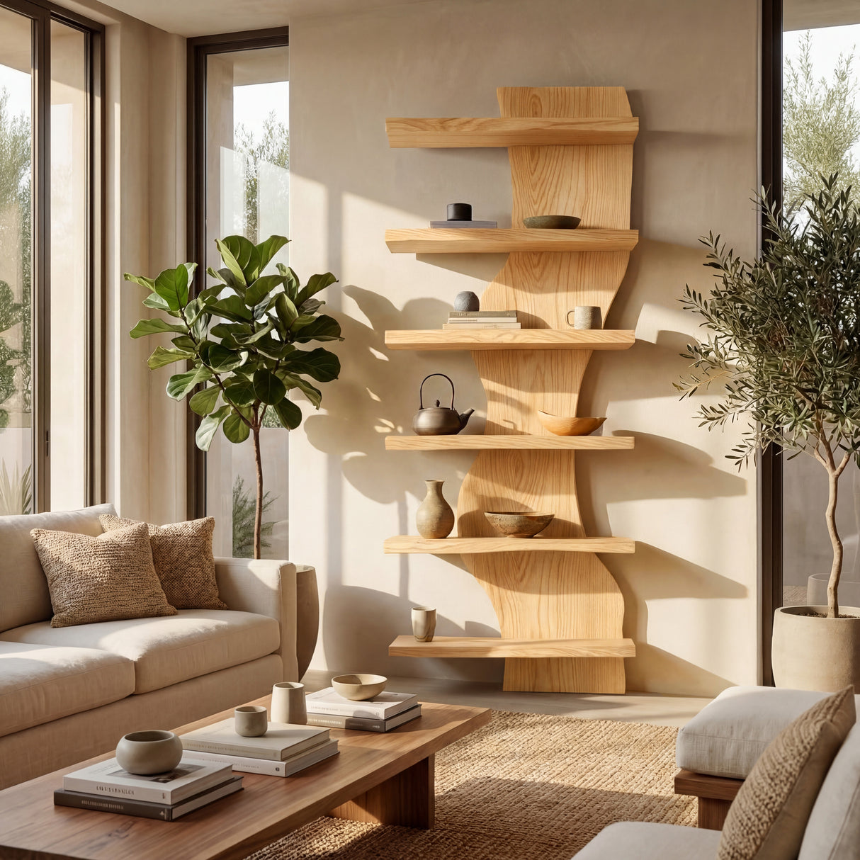 Organic Modern Wood Standing Shelf For Living Room