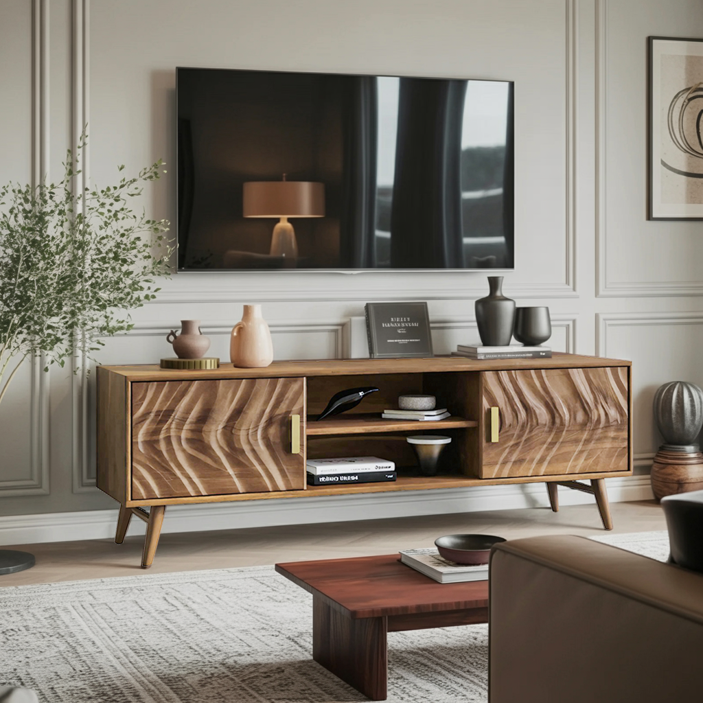 Mid Century TV Stand Wave Cabinet For Living Room And Media