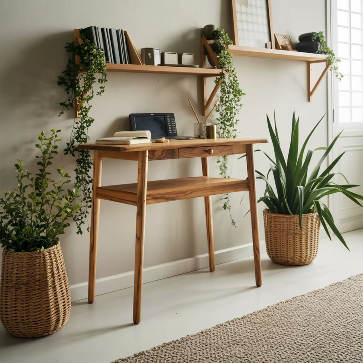 Modern Minimalist Wood Writing Desk With Drawer For Home Office Or Entryway