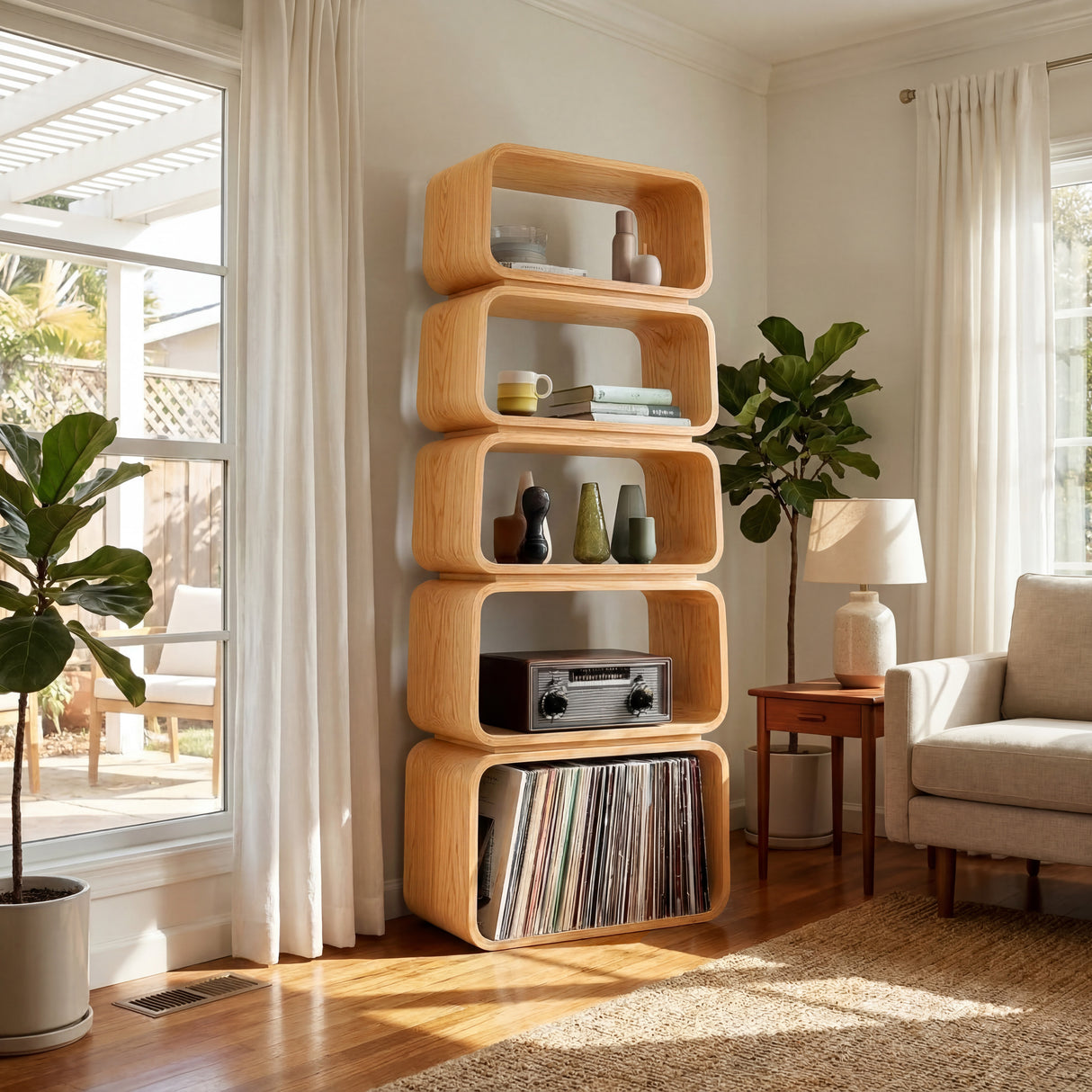 Mid Century Wooden Standing Shelf For Living Room Display