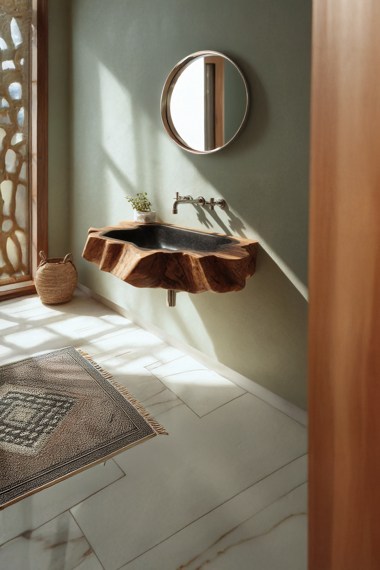 Handcrafted Wooden Wall Mounted Bathroom Sink For Natural Decor