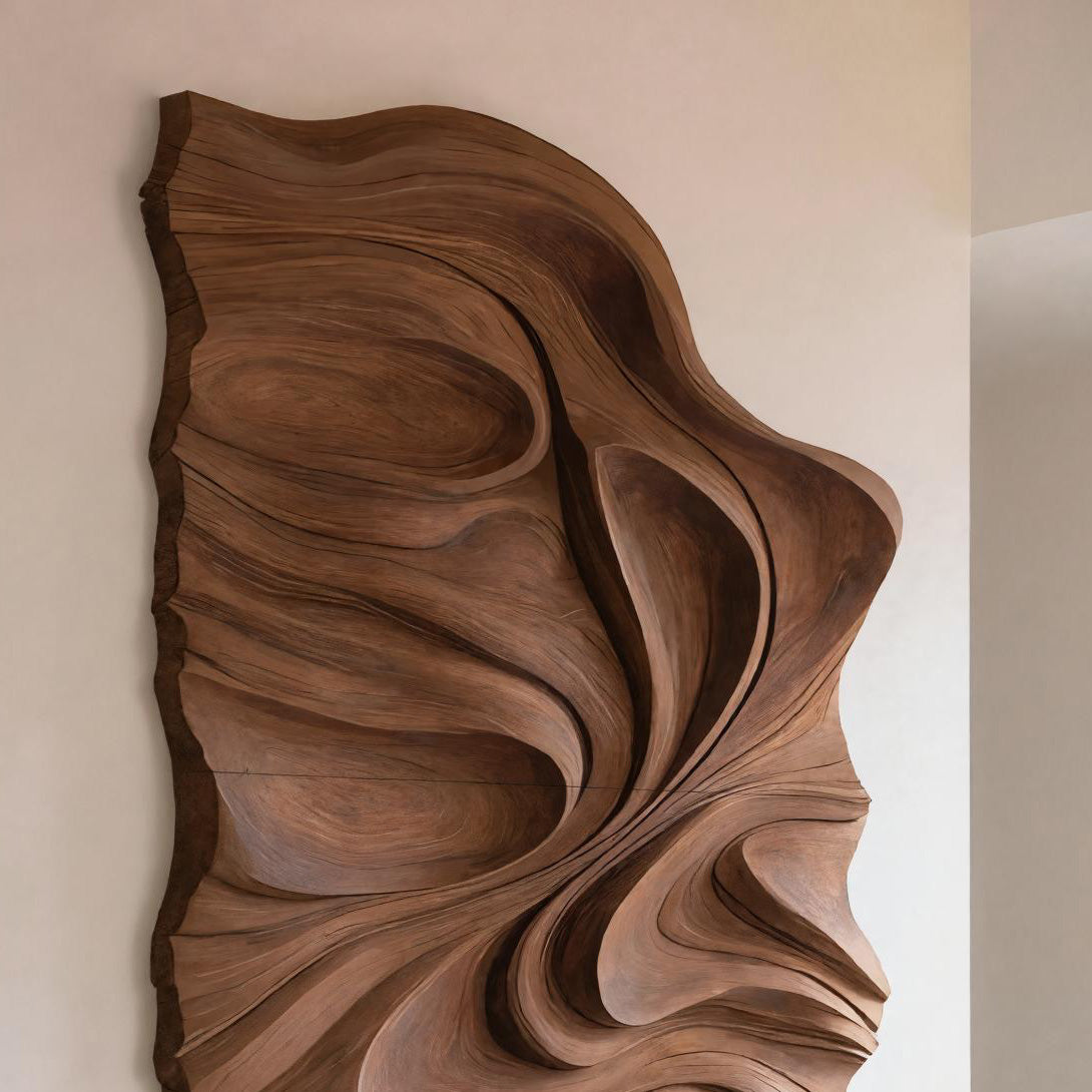 Organic Flowing Carved Wood Art Panel For Living Room