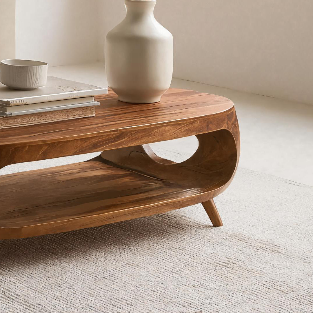 Sculptural Oval Coffee Table With Shelf For Living Room