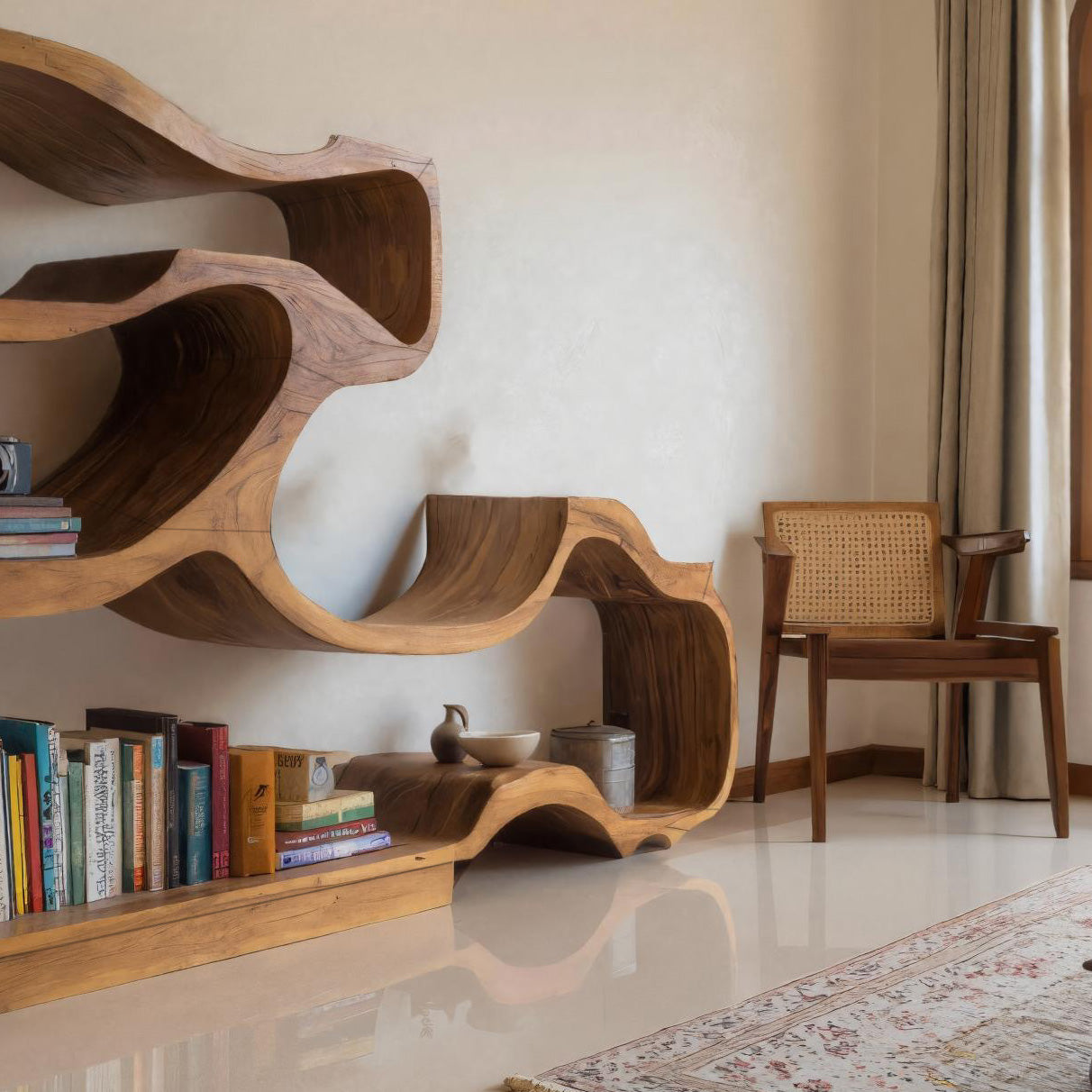 Artistic Bookshelf With Flowing Design For Living Room