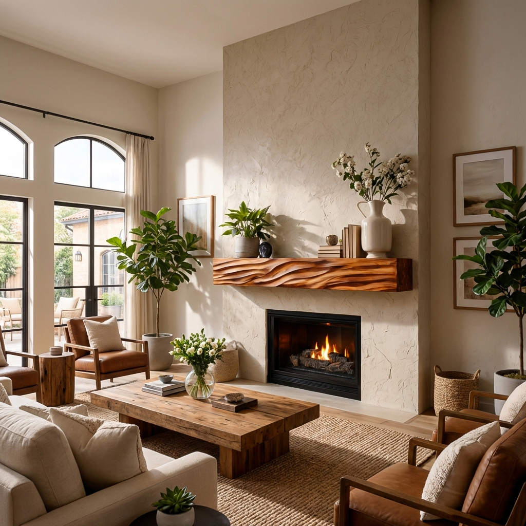 Rustic Wooden Floating Fireplace Shelf For Living Room Interior