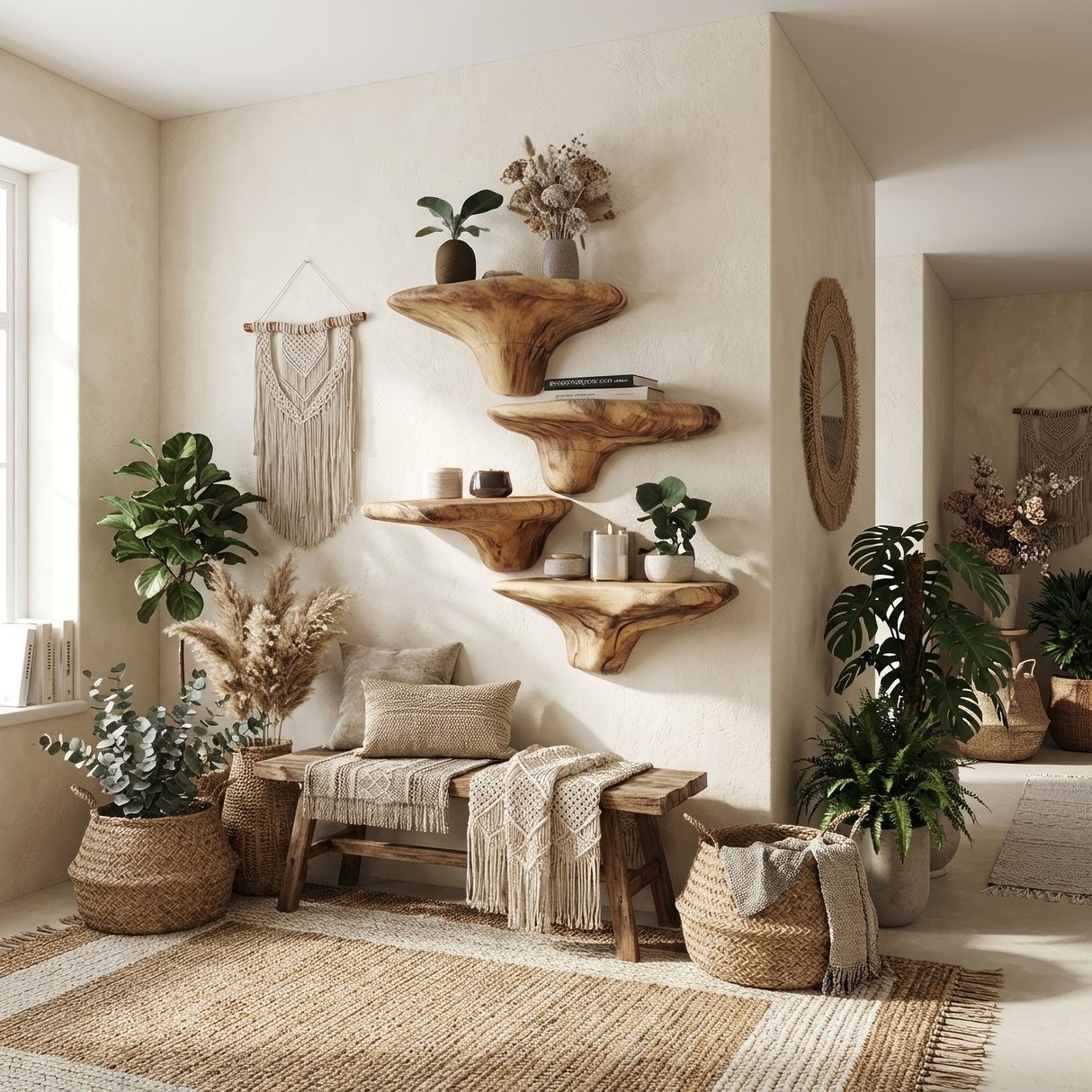 Farmhouse Solid Wood Mushroom Shelf For Entryway Wall Design