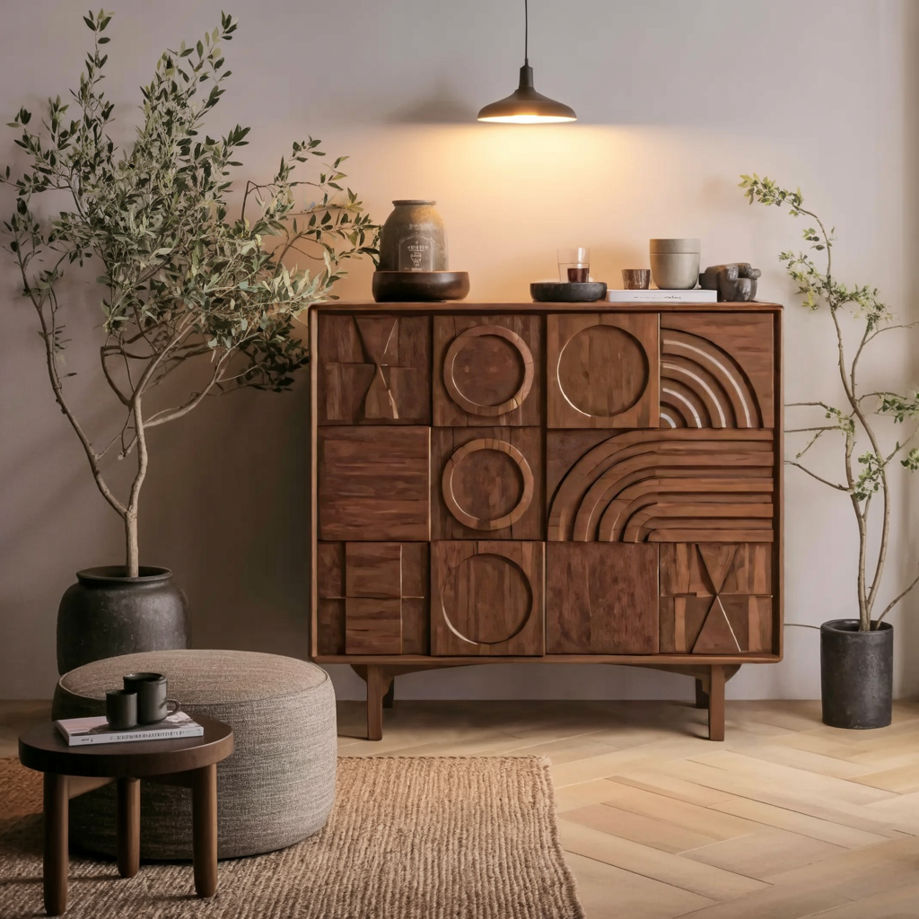Geometric Carved Cabinet With Sculpted Doors For Entryway And Living Room