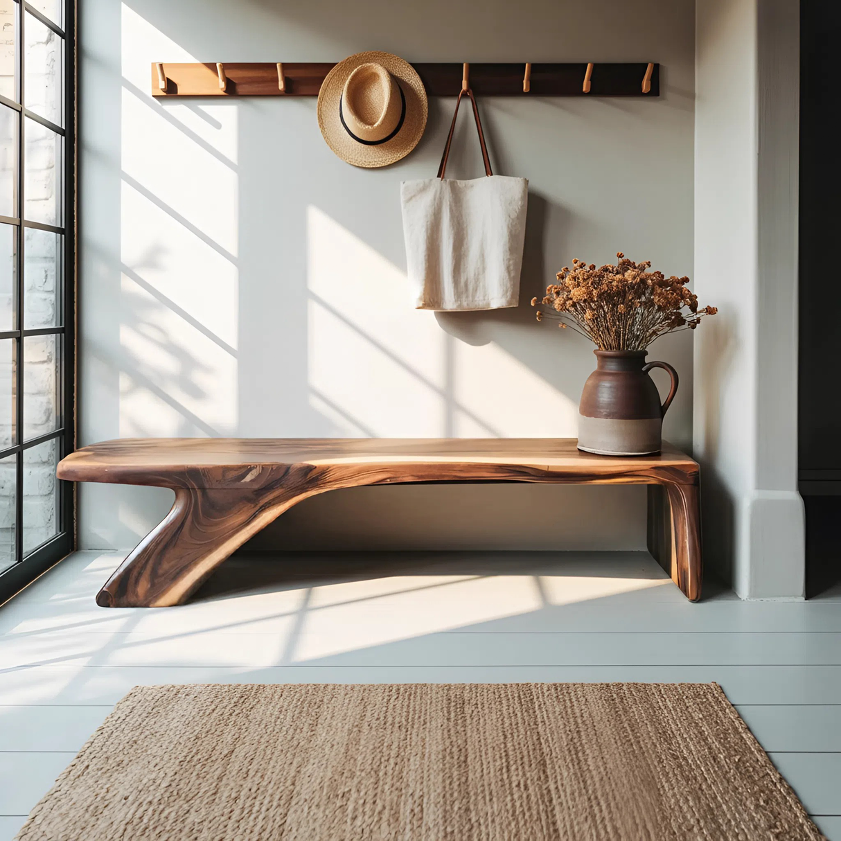 Architectural Bench With Sculpted Z Base For Entryway