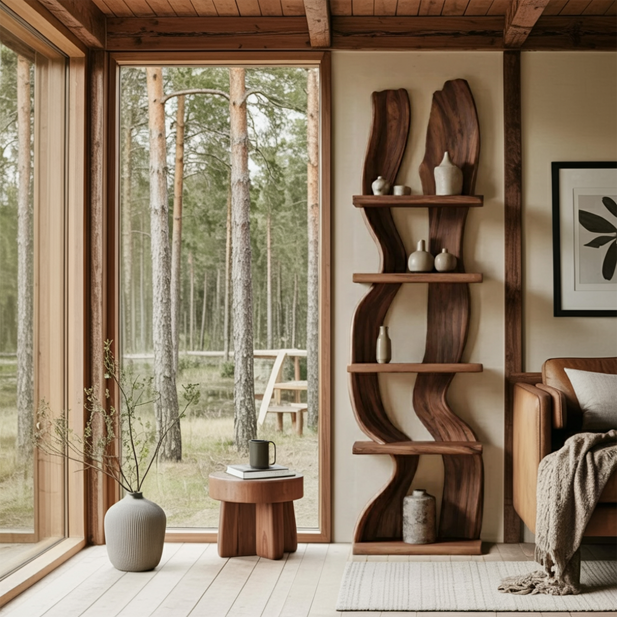 Modern Rustic Standing Shelf With Curved Silhouette For Living Room