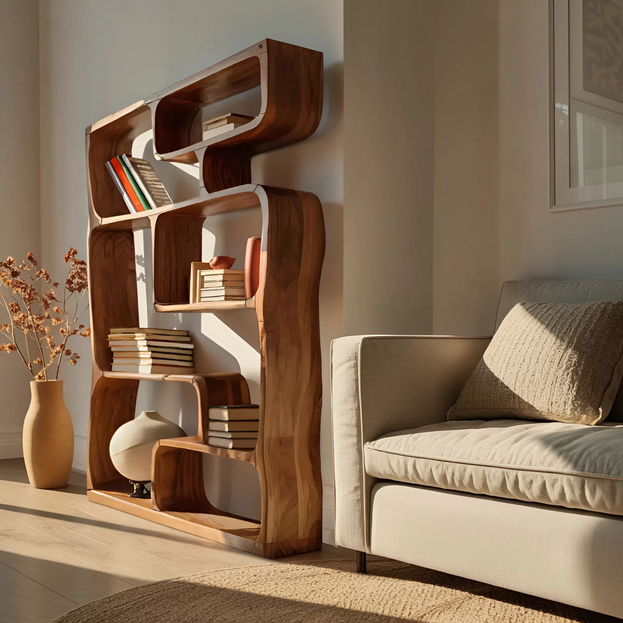 Modern Sculptural Bookshelf With Geometric Design For Living Room