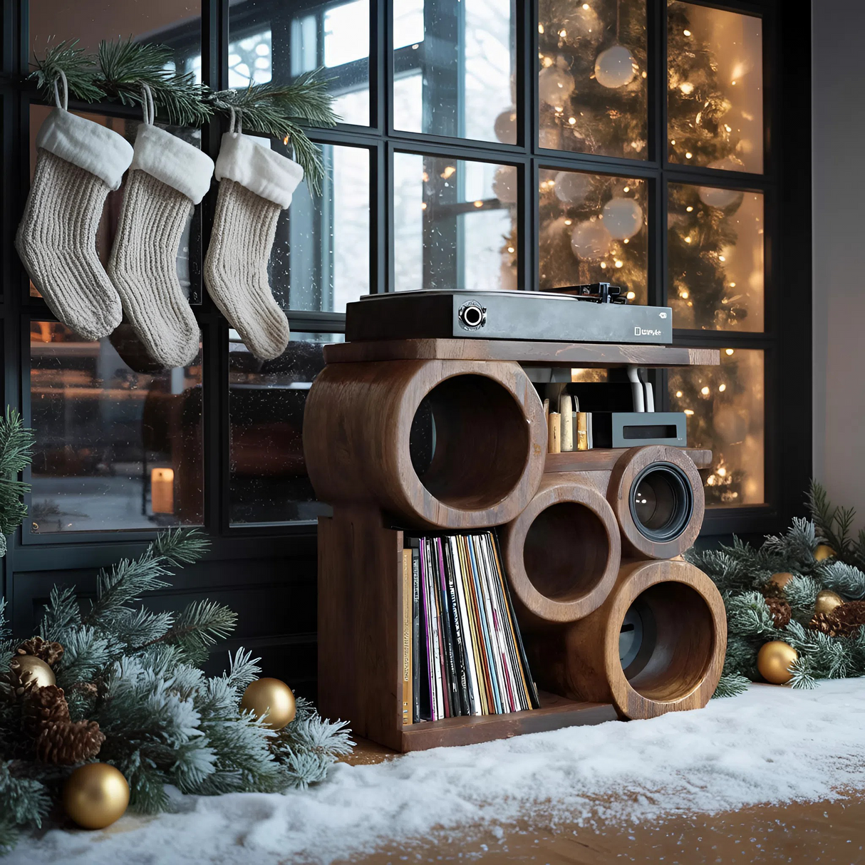 Farmhouse Solid Wood Record Stand For Rustic Christmas Home
