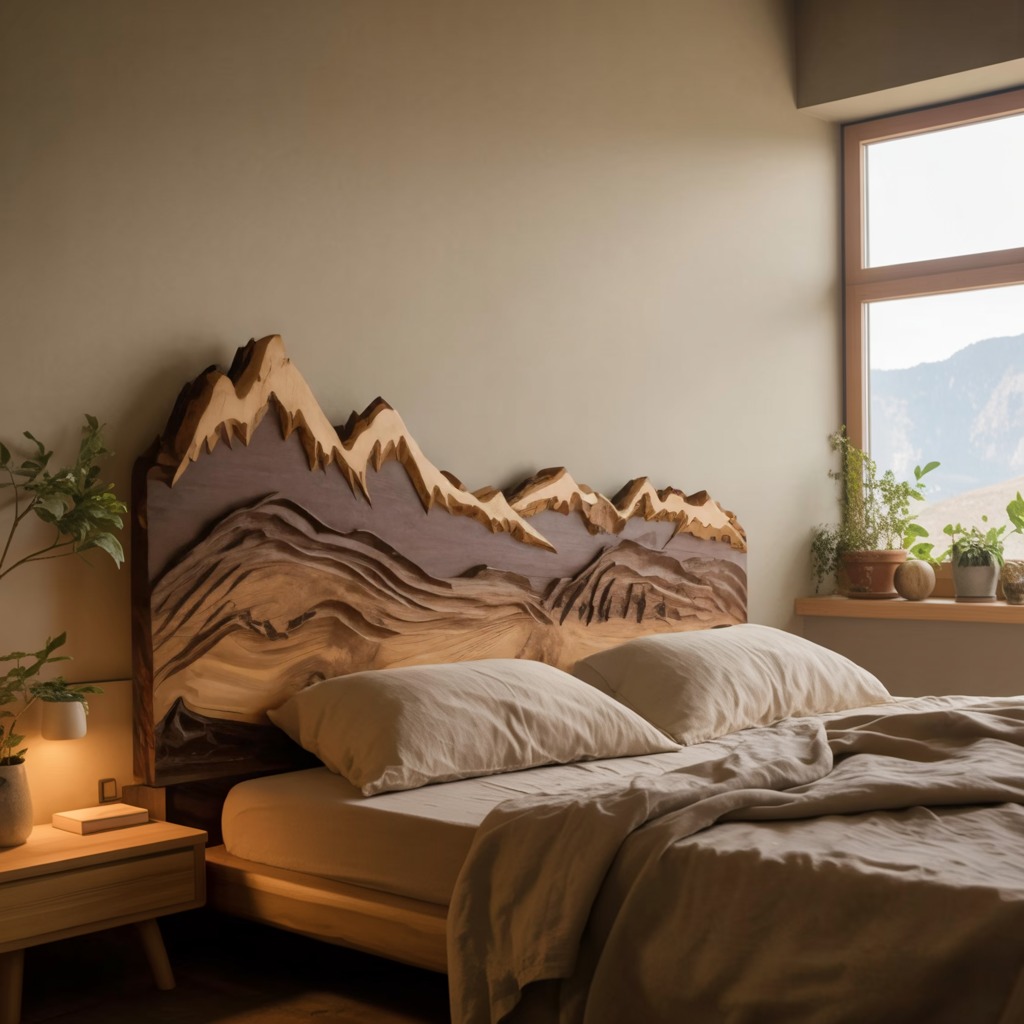 Mountain Headboard Carved For Queen And King Bed In Rustic Bedroom