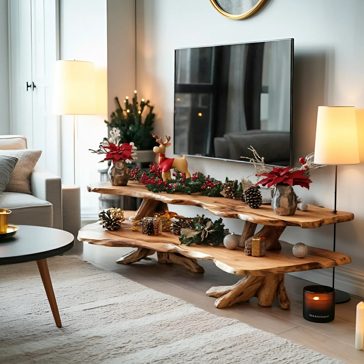 Mid Century Wooden Live Edge TV Console For Holiday Bedroom Christmas