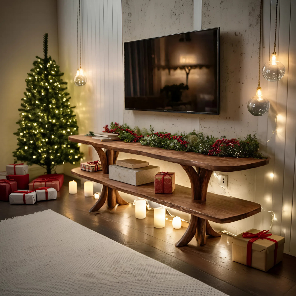 Mid Century Wooden Live Edge TV Console For Christmas Living Room Decor