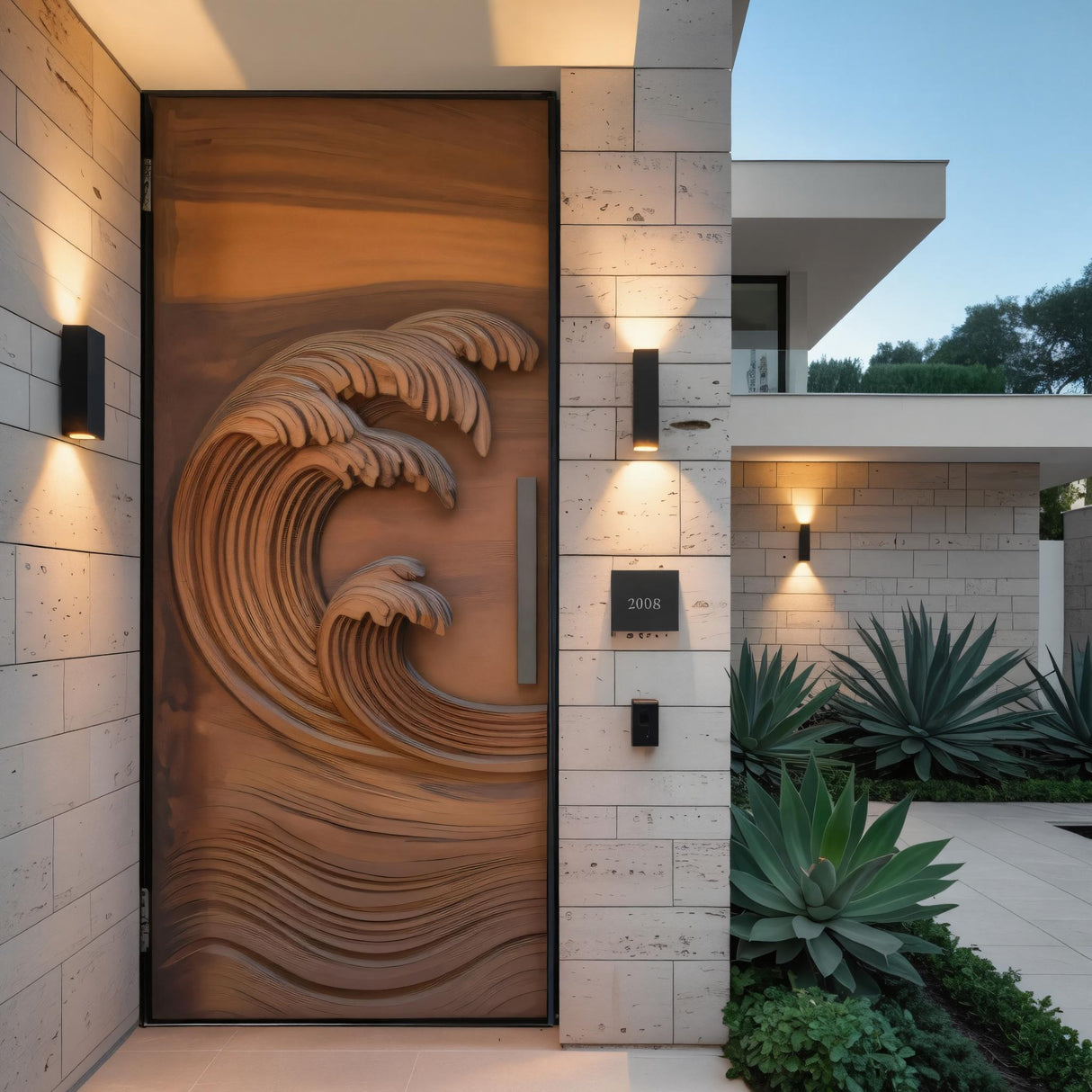 Coastal Wave Carved Door For Front Entrance And Modern Villa