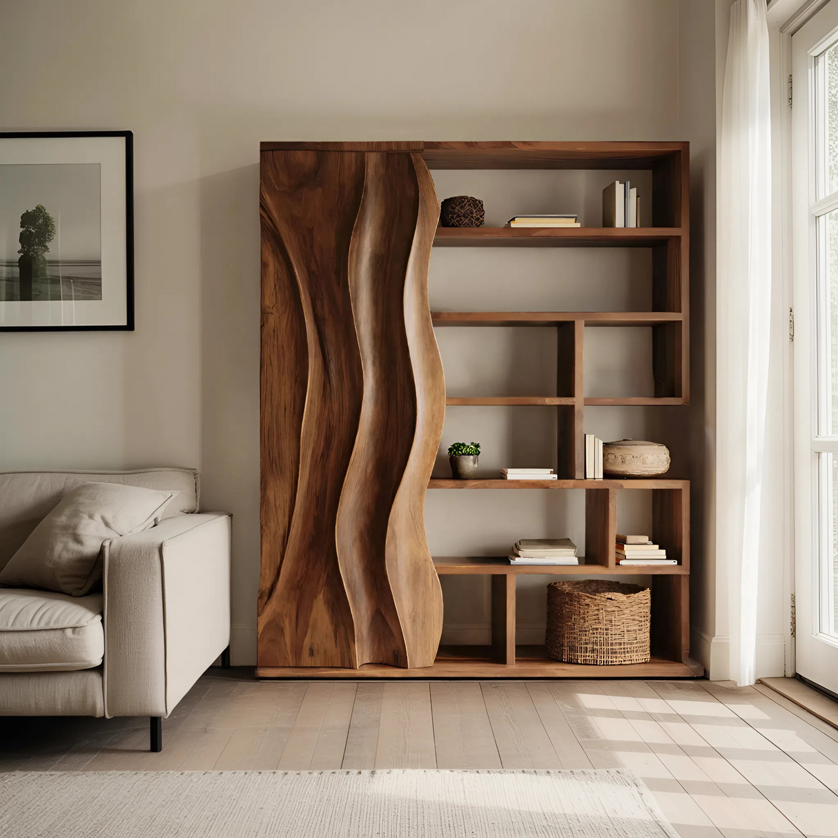 Modern Bookshelf With Wave Door For Home Decor