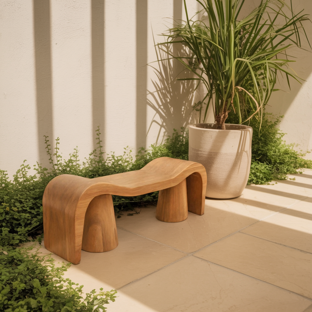 Contemporary Sculpted Wood Bench For Garden Or Patio