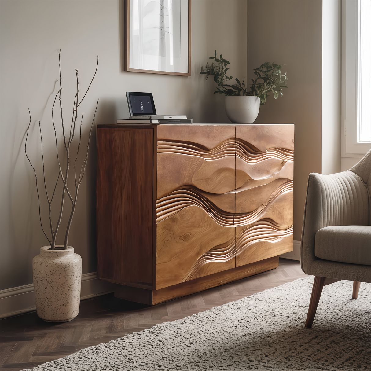 Organic Storage Cabinet Hand Carved Wave Pattern For Home Decor