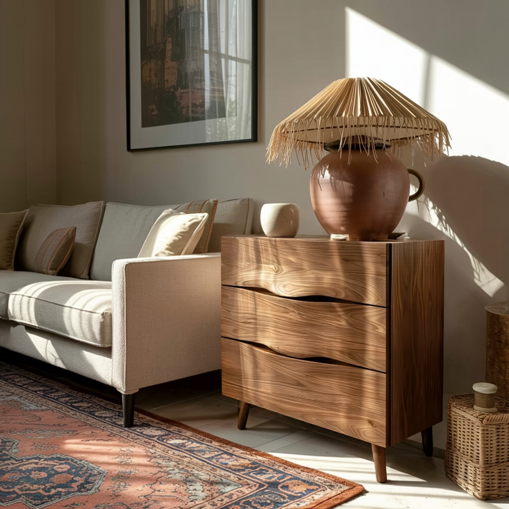 Modern Wooden Cabinet With Curved Handles For Bedroom Storage