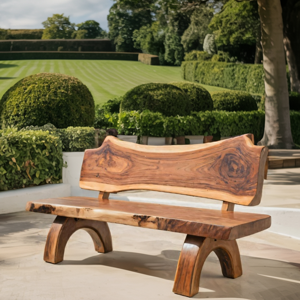 Rustic Live Edge Bench With Backrest For Patio Garden Courtyard