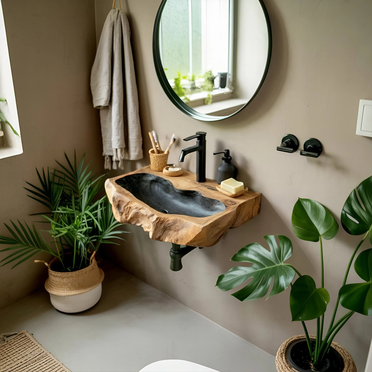 Rustic Mid Century Wood Wash Basin For Furniture Decor