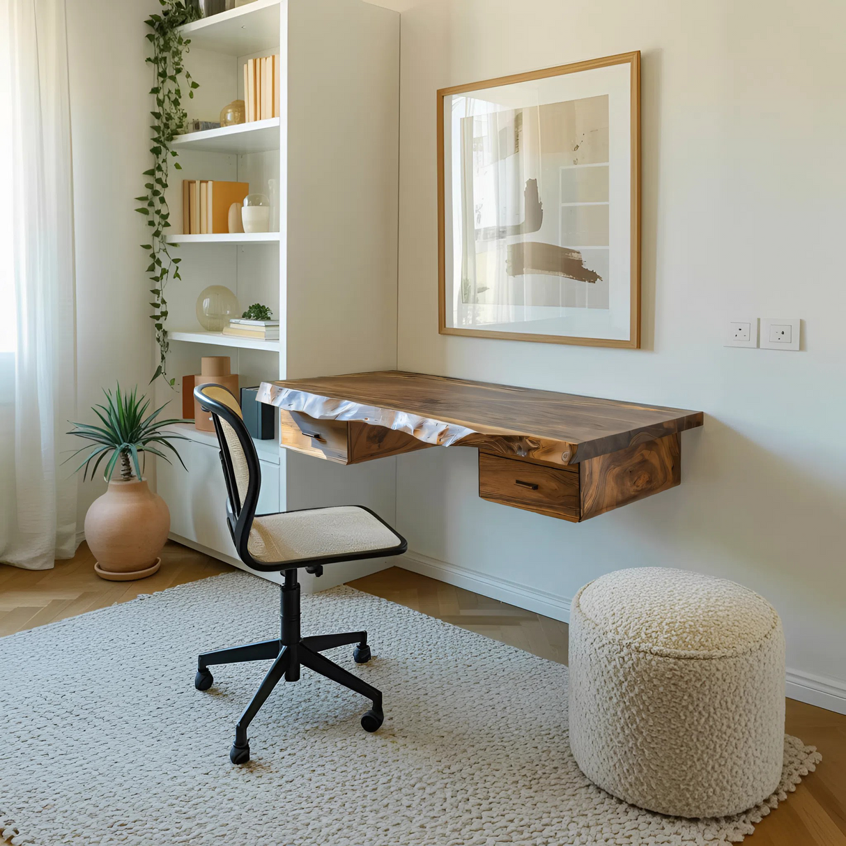 Floating Live Edge Desk With 2 Drawers For Home Office