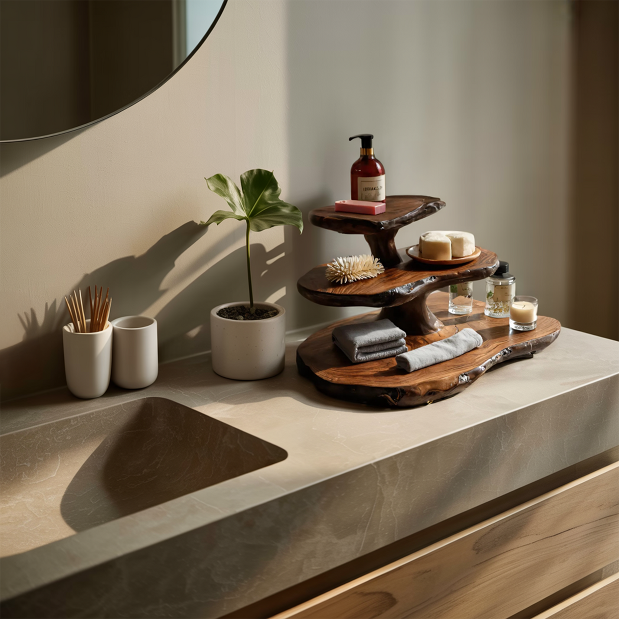 Modern Sculpted Bathroom Shelf Tiered For Clean Bathroom