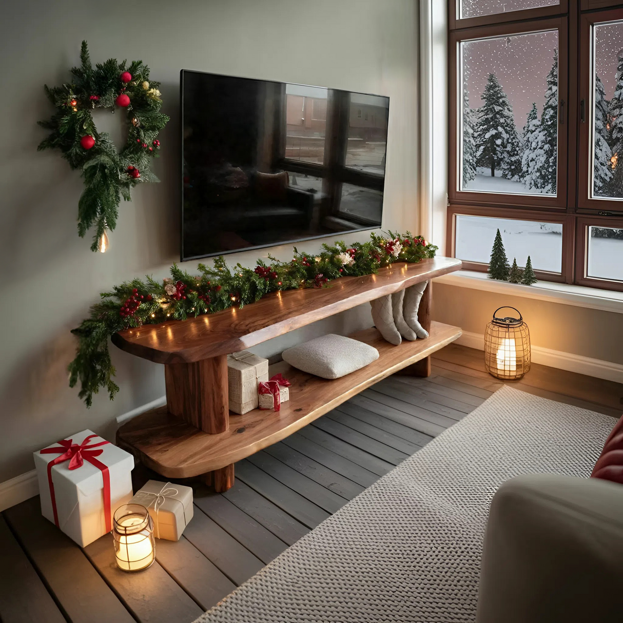 Handcrafted Live Edge Wooden TV Console For Holiday Bedroom Decor