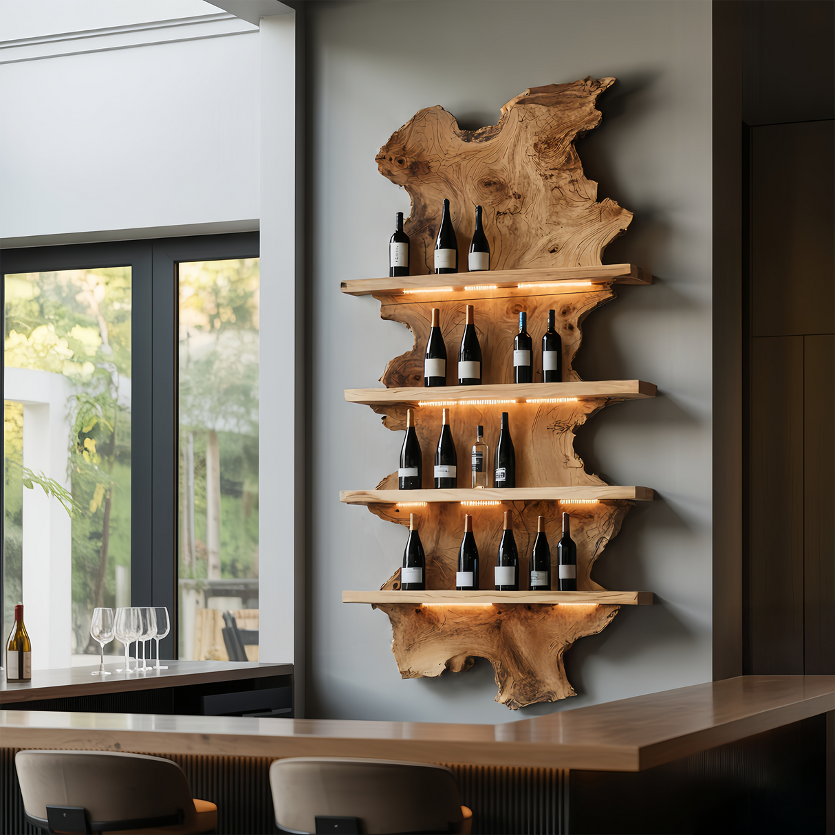 Mid Century Live Edge Wine Holder For Bar Decor And Home Art