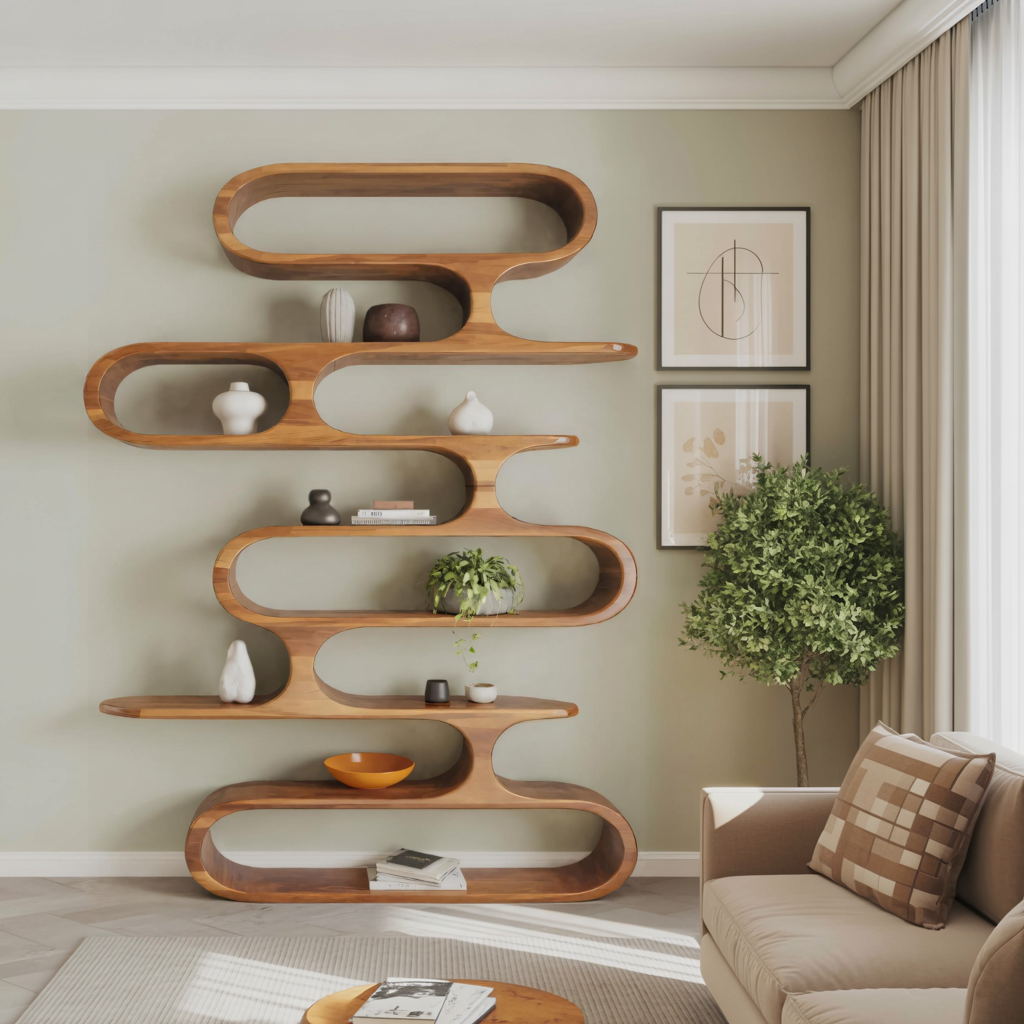Mid Century Modern Wall Shelf With Flowing Shape For Living Room And Office