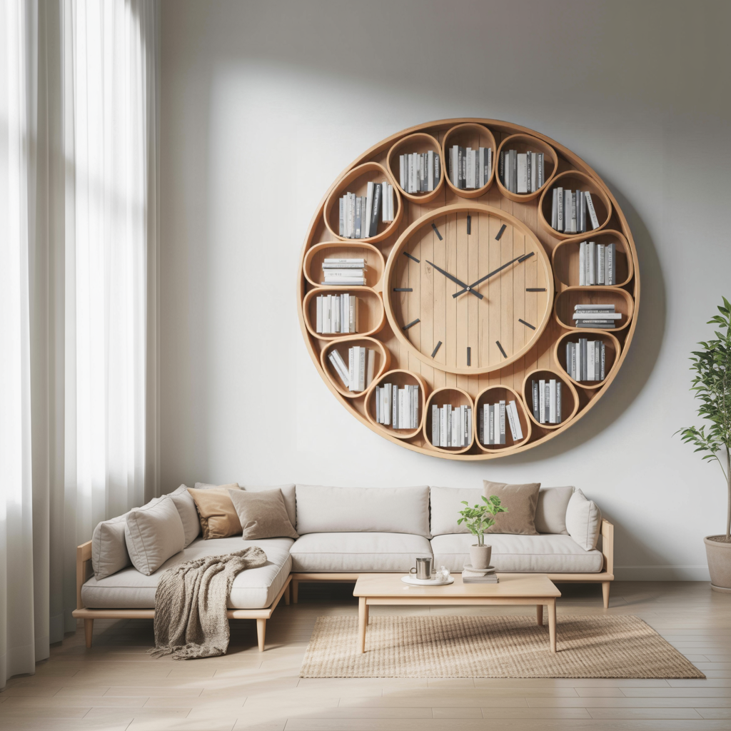 Contemporary Round Wall Bookshelf With Clock For Living Room And Home Office