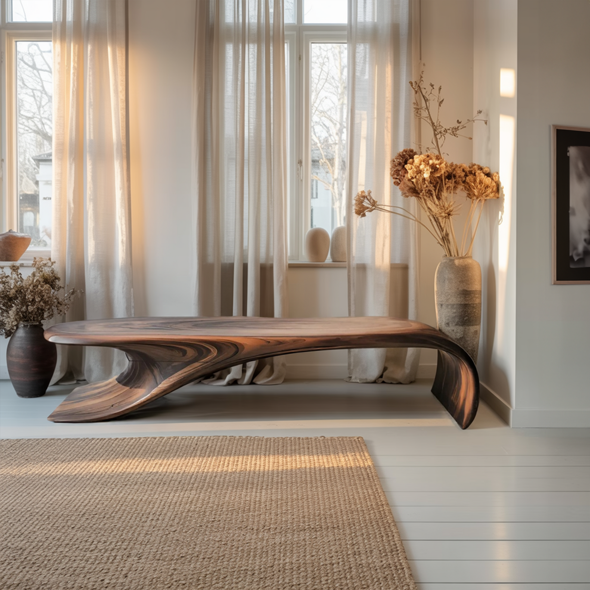 Modern Sculptural Bench With Flowing Curves For Living Room
