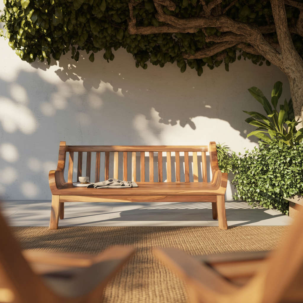 Contemporary Outdoor Wooden Bench With Curved Armrests For Garden Or Porch