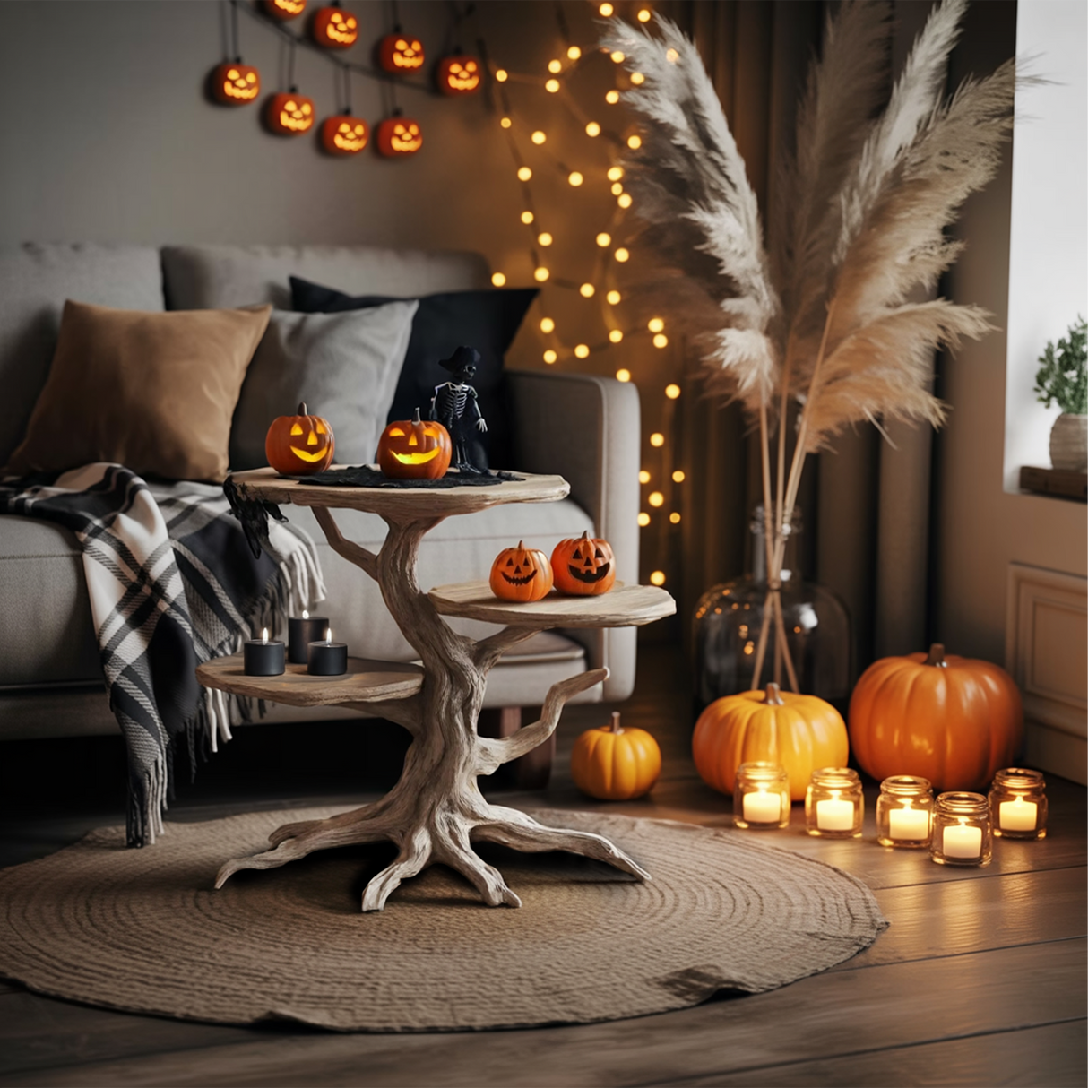 Handcrafted Solid Wood End Table For Living Room Spooky Fall Accent