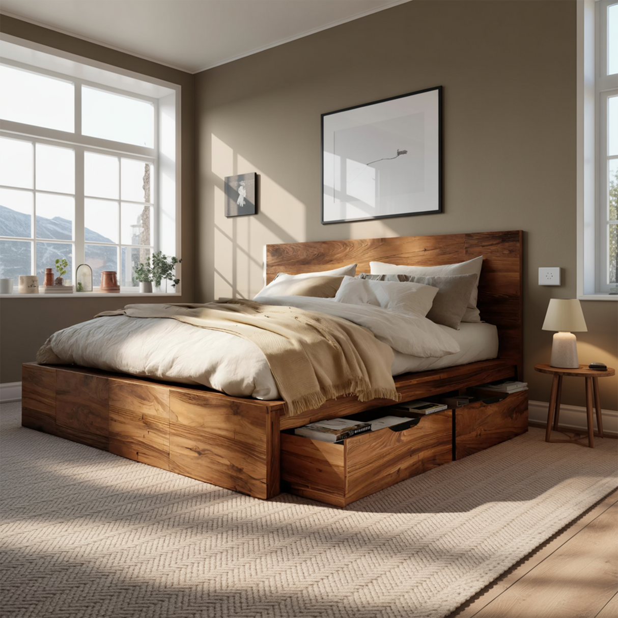 Modern Storage Bed Frame And Headboard With Drawers For Bedroom