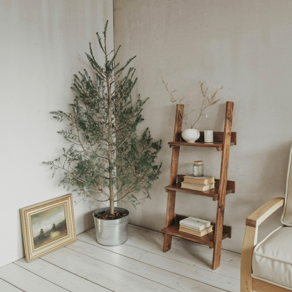Rustic Ladder Shelf With Tiered Display For Bedroom And Living Room